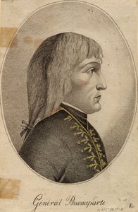 ""Porträtt av general Napoleon Bonaparte (1769-1821)"" Anonym gravyr 1796 Dim 19,2x12,5 cm Privat samling av Anonymous Anonymous