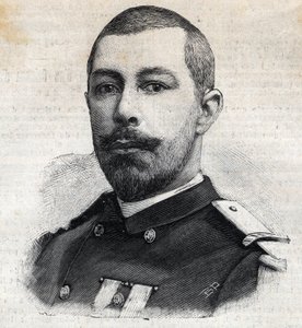 Porträtt av Antoine Mizon (1853-1899) fransk upptäcktsresande i Afrika. Gravyr i "" Le Peute Parisien"" av Anonymous Anonymous