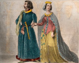 Porträtt av Charlotte de Savoie (1441-1483) Frankrikes drottning, med Ludvig XI av Frankrike, känd som den försiktige (1423-1483). Gravyr från 1859 i "" Le Monde. Alla folks historia från de mest avlägsna tiderna till våra dagar”. av M. E. de Lostalot-Bach av Anonymous Anonymous