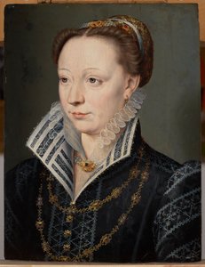 Porträtt av Claude Catherine de Clermont-Tonnerre, hertiginna av Retz (1543–1603), ca 1571 (olja på panel) av Anonymous Anonymous