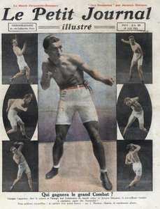 Porträtt av den franske boxaren Georges Carpentier som kommer att slåss mot den amerikanske boxaren Jack Dempsey om titeln världsmästare. Illustration hämtad från "" Le petit journal illustrious""" av 1921-06-19. Privat samling av Anonymous Anonymous