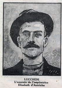 Porträtt av Luigi Lucheni (1873-1910), italiensk anarkist, mördare 1898 av Elisabeth de Wittelsbach, en kejsarinna av Österrike känd som Sissi. Gravyr i "" L