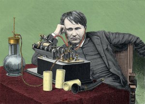 Porträtt av Thomas Edison (1847-1931), amerikansk fysiker, med sin fonograf. Gravyr omkring 1900. av Anonymous Anonymous