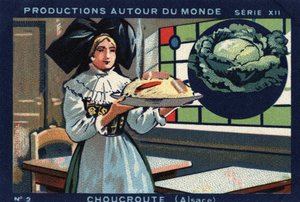 Produktioner runt om i världen: surkål i Alsace. Kromolitografi från 1933 i "" Joseph-Milliat Album""