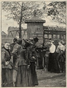 Offentlig hygien: invånare i Paris använder en av filtree-vattenfontänerna installerade i det 15:e arrondissementet. Dessa fontäner har ett Chamberland Pasteur-systemfilter. Gravyr i "Le monde illustree" från 1892. Privat samling. av Anonymous Anonymous