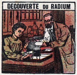 Radium: upptäckt radium av Pierre (1859-1906) och Marie Curie (1867-1934) 1898. Anonym illustration från 1925. Privat samling. av Anonymous Anonymous