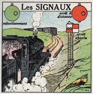 Järnvägar: signaler som används för att säkerställa trafiksäkerheten. Anonym illustration från 1925. Privat samling. av Anonymous Anonymous
