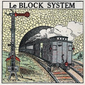 Järnvägar: blocksystemet används runt större städer för att undvika kollisioner. Anonym illustration från 1925. Privat samling. av Anonymous Anonymous