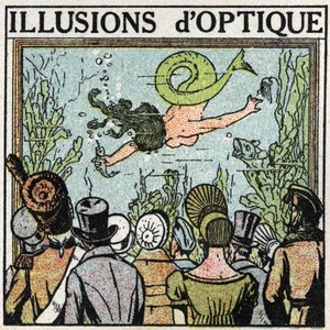 Reflektion av ljus: optisk illusion. Att använda en glass för att ge illusionen av en kvinna fisk. Anonym illustration från 1925. Privat samling. av Anonymous Anonymous