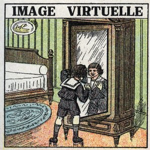 Reflektion av ljus: virtuell bild. Ett barn som begrundar sin reflektion i en spegel. Anonym illustration från 1925. Privat samling. av Anonymous Anonymous