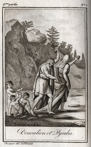Representation av Deucalion och Pyrrha, de enda överlevande efter syndafloden orsakad av Zeus för att förstöra mänskligheten. Themis efter syndafloden ber dem att gå med huvudet täckt genom att kasta bakom sig deras mors ben (Jordens stenar) (Re av Anonymous Anonymous