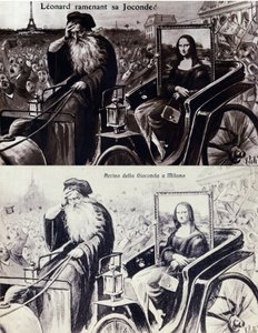 Representation av Leonard de Vinci (Leonardo da Vinci) (1452-1519) som återförde hans verk "" The Mona Lisa"" (Mona Lisa, Monna Lisa) efter stölden av verket av Vincenzo Peruggia (1881-1925) som ägde rum den 21/08/1911. Komedivykort av Anonymous Anonymous