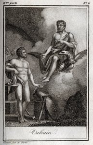Representation av Vulcan, eldens gud, smedjan och vulkanerna. (Vulcan, eldens och vulkanernas gud). Gravyr från 1819 i "Lettres a Emilie sur la mythologie" av Charles Albert Demoustier (1760-1801). Privat samling. av Anonymous Anonymous