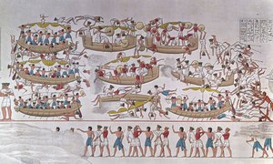 Representation of the Battle of the Nile Delta between Armees of Ramses III and the Peoples of the Sea” Från en relief till begravningstemplet i Medinet Habou, Egypten av Anonymous Anonymous