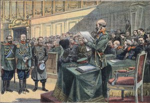 Ryska japanska kriget: Epilog av belägringen av Port Arthur (Port Arthur). Den fällande domen mot general Stoessel, general Fock tillrättavisades och generalerna Reiss och Smyrnoff frikände gravyr från tidningen "" Le Petite Parisien"" av Anonymous Anonymous