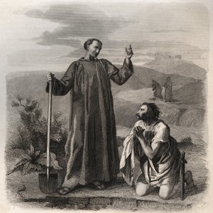 Saint Benedict of Nursia välkomnar Totila (600-talet) kung av östgoterna. Gravyr från 1846 i "" Lives of the saints"". Privat samling. av Anonymous Anonymous