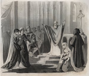 Saint Dunstan (ca 909-988), eveque av Canterbury, benediktinare och reformator av klosterlivet i England, tillkännager sin förestående död för folket. Gravyr från 1846 i "" Lives of the saints"". Privat samling. av Anonymous Anonymous