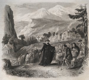Saint Francois-de-Sales (Saint Francois de Sales) (1567-1622), eveque i Genève på ett pastoralt besök. Gravyr från 1846 i "" Lives of the saints"". Privat samling. av Anonymous Anonymous