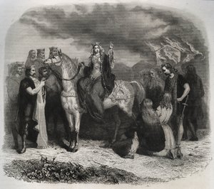 Saint Radegonde (Radegonde de Poitiers, 519-587) brände ett Paian-tempel och omvandlade gallerna till den kristna religionen. Gravyr från 1846 i "" Lives of the saints"". Privat samling. av Anonymous Anonymous