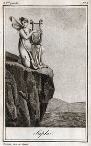 Sapho (eller Sappho, 700-talet f.Kr.), grekisk poet från antiken. Gravyr från 1819 i "Lettres a Emilie sur la mythologie" av Charles Albert Demoustier (1760-1801). Privat samling. av Anonymous Anonymous
