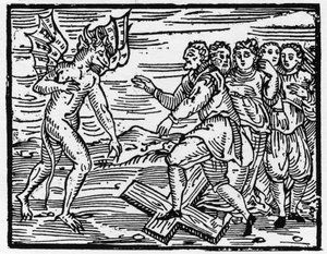 Satan tvingar sina framtida lärjungar att gå på korset - "Compendium Maleficarum", behandlar häxorna, deras ondska och deras sortileges av Francesco Maria Guazzo eller Guaccio eller Guaccius (15?? -16??) 1608 privatsamling av Anonymous Anonymous