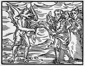 Satan klädde av trollkarlarna deras kläder - "Compendium Maleficarum", affärer om häxorna, deras ondska och deras sortileges av Francesco Maria Guazzo eller Guaccio eller Guaccius (15?? -16??) 1608 privatsamling av Anonymous Anonymous