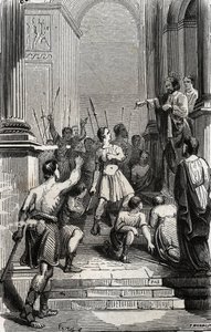 Saturnin av Toulouse (Saint Sernin, första kristna eveque av Toulouse) (3:e århundradet) stannade vid huvudstaden i Toulouse - Gravyr från 1846 i "Lives des saints"". Privat samling. av Anonymous Anonymous