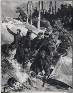 Scen i romanen av Emile Zola (1840-1902) "The Debacle"". Gravyr i "" Le petit parisien"" den 28/02/1892. Privat samling av Anonymous Anonymous