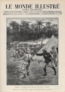 Andra Dahomey-kriget (1892-1894): den franske befälhavaren Faurax död under slaget vid Dogba den 19 september 1892 i Dahomey (nu Benin). En tidning. Gravyr i "Le monde illustree" från 1892. Privat samling. av Anonymous Anonymous
