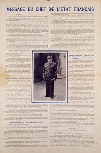 Andra världskriget och Vichyregimen: meddelande från den franske statschefen Philippe Petain publicerat efter vapenstilleståndet undertecknat av Frankrike i juni 1940 och presenterar programmet för den nationella revolutionen hösten 1940. Privat samling av Anonymous Anonymous