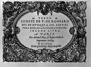 Andet bind af den franske digter Pierre de Ronsards sonetter (1524-1585) sat i musik af Guillaume Boni. Paris 1579, Sverige av Anonymous Anonymous