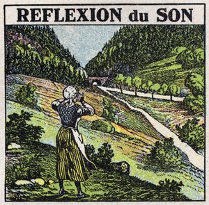 Ljudenergi: reflektion av ljud genom ekofenomen. Anonym illustration från 1925. Privat samling. av Anonymous Anonymous