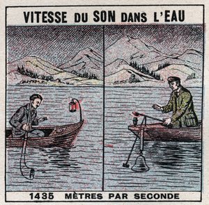Ljudenergi: ljudets hastighet i vatten. Erfarenhet från 1826-1827 av Jean Daniel (Jean-Daniel) Colladon (1802-1893) och Charles Francois Sturm (1803-1855) vid Genèvesjön (Lemansjön). Två båtar förtöjda 14 km från varandra, en av båtarna stödde en klocka, e av Anonymous Anonymous