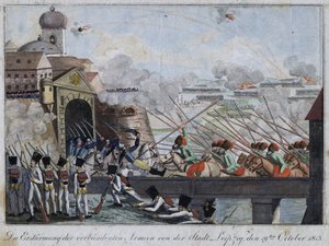 Stormning av staden Leipzig av de allierade trupperna - bataille de Leipzig ou bataille des nations (16-19 oktober 1813) - Anonym - 1813 - Etsning, akvarell - 33,3x27 - Privat samling av Anonymous Anonymous