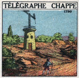 Telegraf: telegraf av Claude Chappe (1765-1805) 1790. Anonym illustration från 1925. Privat samling. av Anonymous Anonymous