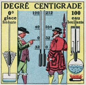 Temperatur och expansion: Grad Celsius. Jämförelse mellan grader Fahrenheit och grader Celsius. Anonym illustration från 1925. Privat samling. av Anonymous Anonymous