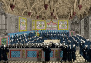 Parlamentsförsamlingen 1787 i närvaro av kung Ludvig XVI, gravyr, privat samling av Anonymous Anonymous