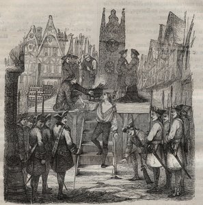 Chevalier Francois-Jean Lefebvre de La Barre (Francois Jean Lefebvre de LaBarre) som steg upp till byggnaden 1766. Gravyr i "Historia om fängelserna från deras tillkomst till våra dagar" (1877) av Pierre Zaccone (1817-1895) (Colonia Penale - Straffkoloni