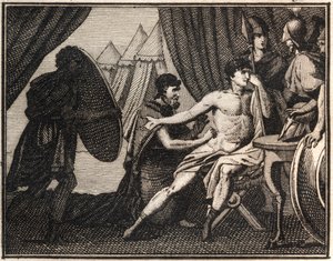 Epaminondas död (efter striden mot spartanerna vid Mantineia 362 f.Kr.). Gravyr från "" Ungdomens Rollin eller utvalda stycken av antika och romerska berättelser"" 1816. Privat samling. av Anonymous Anonymous