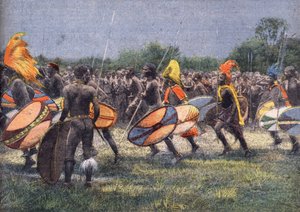 Expeditionen av USA:s förre president Theodore Roosevelt (1858 - 1919) till Afrika: Krigardans i Uganda. Gravyr. En av tidningen "" Le petit parisien"" den 24/04/1910. Privat samling. av Anonymous Anonymous