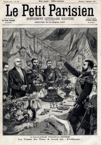 Den fransk-ryska alliansen: skålen för tsar Nicholas II (1868-1918) för att hedra den franske presidenten Felix Faure (1841-1899) ombord på Pothau. I "" Le Petit Parisien"" den 5/09/1897. Privat samling av Anonymous Anonymous