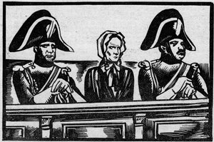 Fallet Henriette Cornier, representerat i montern i hennes rättegång för mordet på ett spädbarn, nära hennes arbetsgivare i november 1825. Illustration hämtad från "" Le petit journal illustrious"" 1931 av Anonymous Anonymous