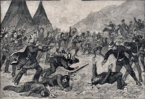 Den indiska revolten i USA: en kamp mellan Sioux-indianer och amerikanska trupper. Gravyr i "" Le petit Parisien"" från 1891. Privat samling. av Anonymous Anonymous