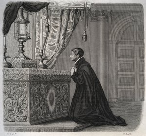 Den italienska jesviten Louis de Gonzague (San Luigi Gonzaga) (1568-1591) i bön. Gravyr från 1846 i "" Lives of the saints"". Privat samling. av Anonymous Anonymous