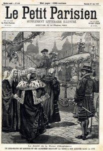 Jubileet för drottningen av England Victoria: Londons överborgmästare Horatio Davies (1819-1901) och hans rådmän som tog emot drottningen anlände till staden. I "" Le Petit Parisien"" den 27/06/1897. Privat samling av Anonymous Anonymous