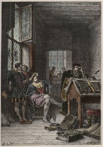 Kungen av Frankrike Francois I (1494-1547), beskyddare av konster och bokstäver, besöker boktryckarna Estiennes (Robert Estiennes) verkstäder, cirka 1540 (Kungen av Frankrike Francis I besöker de kungliga typograferna Estiennes verkstäder av Anonymous Anonymous