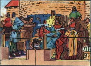 Kungen av Frankrike Ludvig VI den store (1081-1137) beviljade stadgan till staden Paris. Anonym illustration i "" Collection des souverains et chefs d