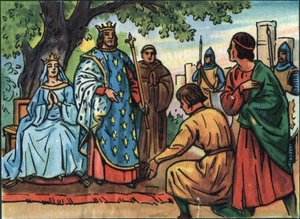Kungen av Frankrike Saint Louis (Louis IX 1214-1270) gör rättvisa under eken i Bois de Vincennes. Anonym illustration i ""Samling av Frankrikes suveräner och statschefer"". 1900-talet. Privat samling. av Anonymous Anonymous