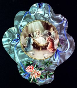 Nativiten. Barnet Jesus omger änglar Fromma bild. Dentelee vykort. Privat samling av Anonymous Anonymous