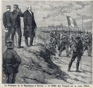 Republikens president Felix Faure (1841-1899) besöker Verdun (Meuse): föroreningen av militärskolan på Etins väg. Gravyr i "" Le Petro Parisien"" av Anonymous Anonymous